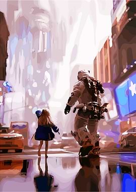 Astronaut and Girl in Cityscape