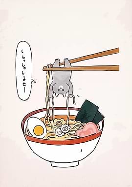 Cat Hanging from Ramen Noodles