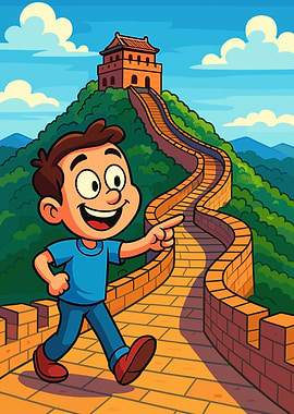 Cartoon Boy on Great Wall of China