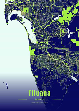 Tijuana, Mexico City Map Art