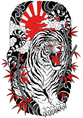 White Tiger with Bamboo and Rising Sun