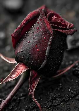 Dark Red Rose with Water Droplets