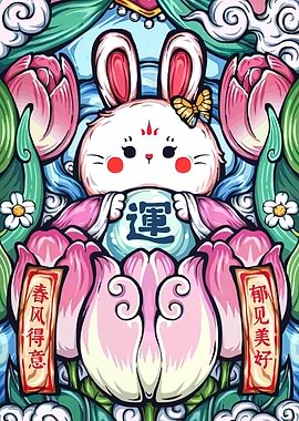 Rabbit with Lotus Flowers and Calligraphy