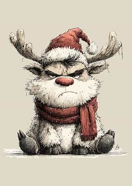 Grumpy Christmas Reindeer with Santa Hat