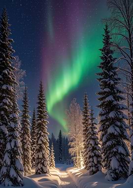 Aurora Borealis over Snowy Forest
