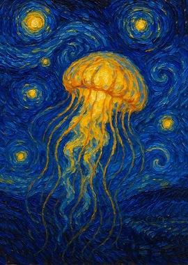 Jellyfish in a Starry Night Painting