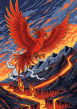 Phoenix Rising Above Lava Landscape