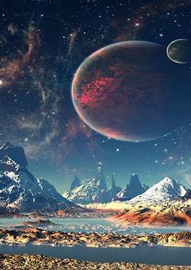 Exoplanet Landscape with Mountains and Stars