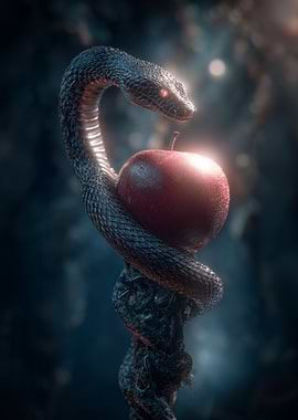 Snake with Apple in Dark Garden