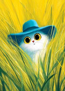 Cat in Hat Hiding in Grass