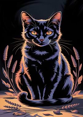 Elegant Black Cat Portrait with Wheat