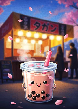 Cute Boba Tea with Cherry Blossoms