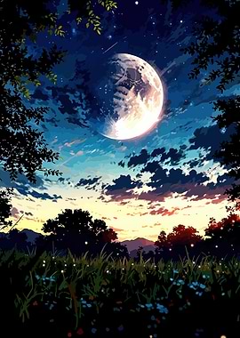 Night Landscape with Moon and Stars