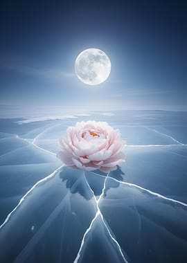 Flower on Ice Under Moonlight