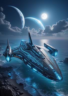 Futuristic Spaceship Over Ocean Landscape