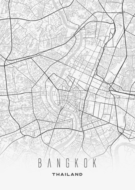 Bangkok, Thailand - Downtown Roadways, Minimal Map Art