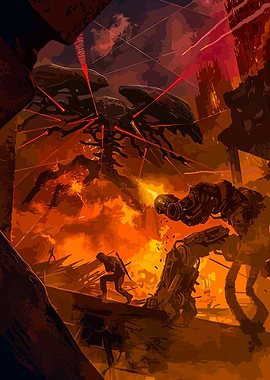 Dystopian Battle Scene with Giant Robot