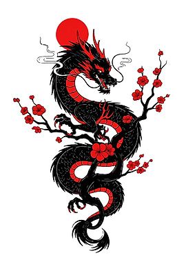 Black and Red Dragon with Flowers
