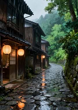 Rainy Japanese Street with Lanterns