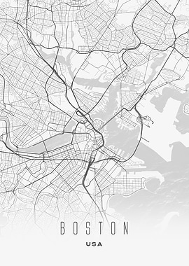 Boston - Gray Modern Minimal Map City Wall Poster USA