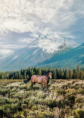 Horse Running in Mountain Landscape