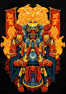 Samurai Warrior Illustration with Oni Mask