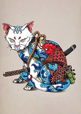 Samurai Cat with Koi and Swords