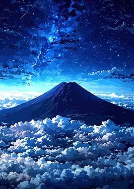 Mountain Peak Above Clouds at Night