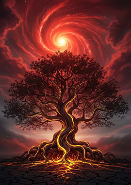 Fiery Tree Under Swirling Sky