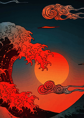 Japanese Wave Art with Rising Sun