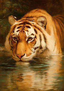Predator’s Focus — Royal Bengal Tiger in Water, Oil Painting Style Art