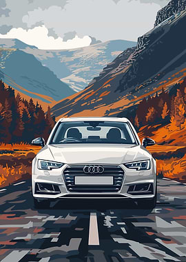 White Audi A4 in Mountain Landscape