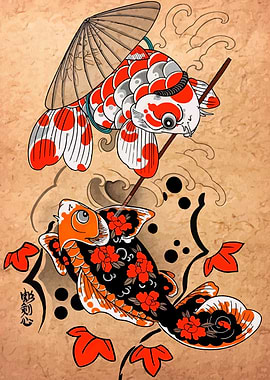 Koi Fish Illustration with Umbrella