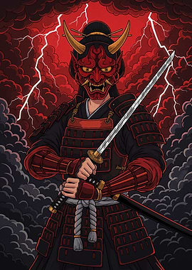 Samurai Oni Mask Warrior Illustration