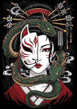 Geisha with Kitsune Mask and Snake