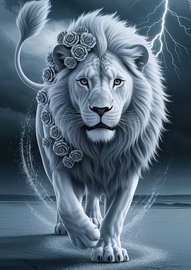 White Lion with Roses and Lightning