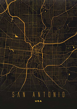San Antonio, USA - Streets Golden Map