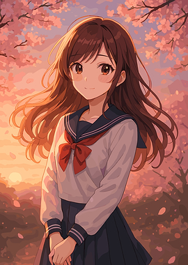 Anime Girl in Cherry Blossom Setting