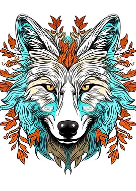 Wolf Portrait with Autumnal Leaves