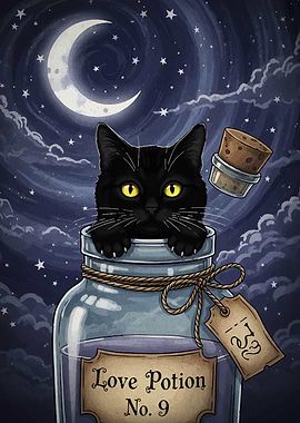 Black Cat in Love Potion Jar