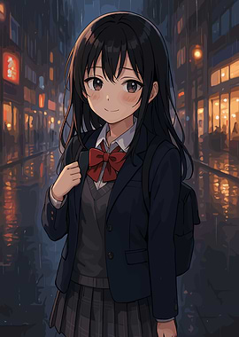 Anime Girl in Rainy Cityscape