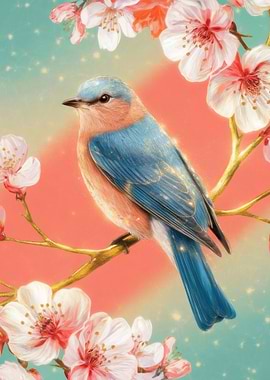 Bluebird on Cherry Blossom Branch