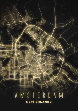 Amsterdam - Night City Light Art Netherlands Unique Map Poster