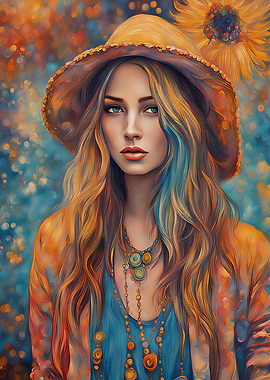 Boho Woman with Sunflower Hat
