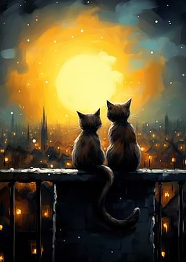 Cats Watching Under Moon