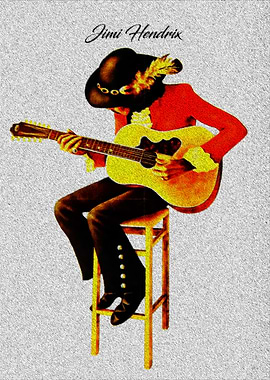 Jimi Hendrix playing guitar on stool