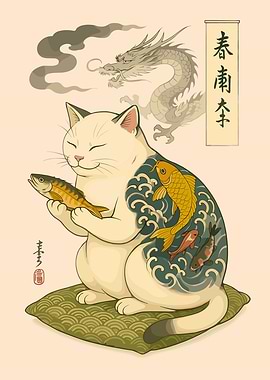 Cat with Fish and Dragon Illustration
