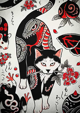 Cat and Snake Tattoo Art