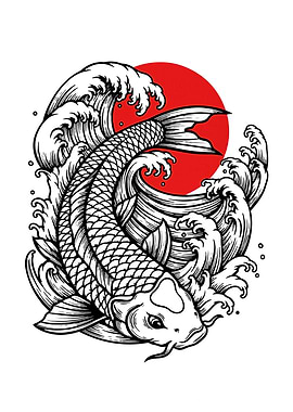 Koi Fish and Waves Illustration