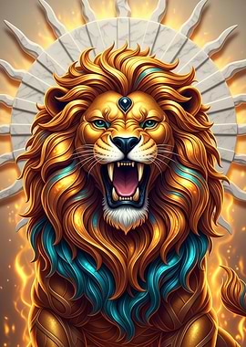 Golden Lion Roaring with Sunburst